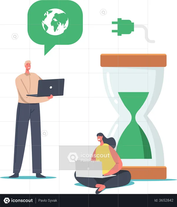 Business People at Huge Hourglass with Green Sand and Earth Globe  Illustration