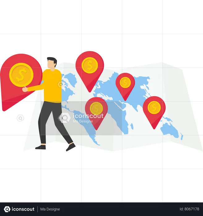 Business people carry money pin mark to new destination  Illustration