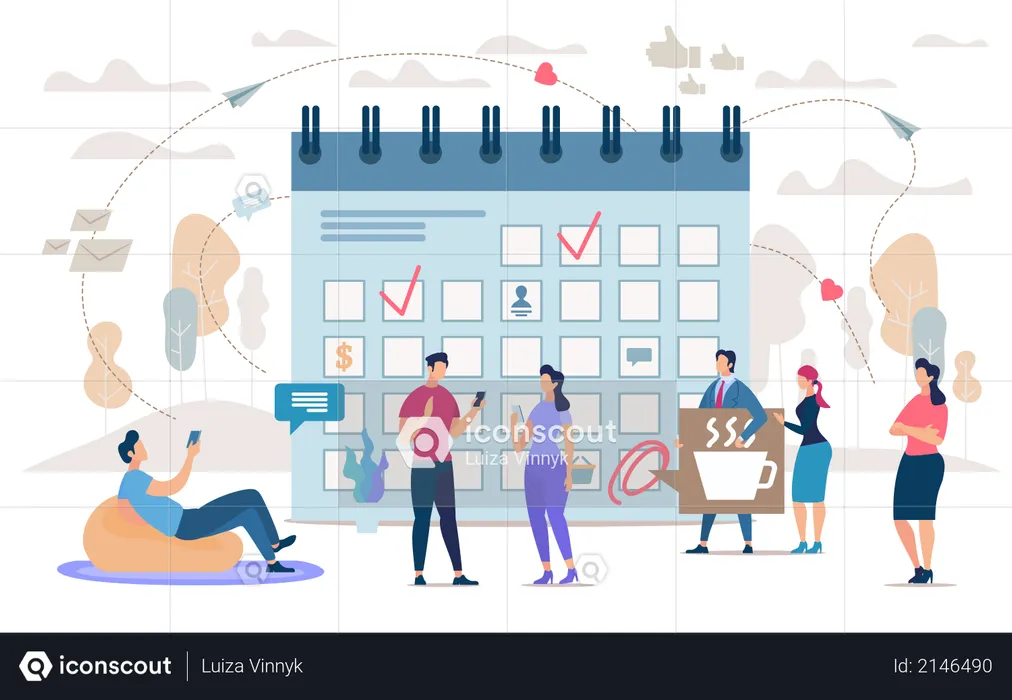 Business people, Company Employees Gathering in Office, Planning Strategy, Adding Important Tasks to Schedule, Set Priorities in Work  Illustration