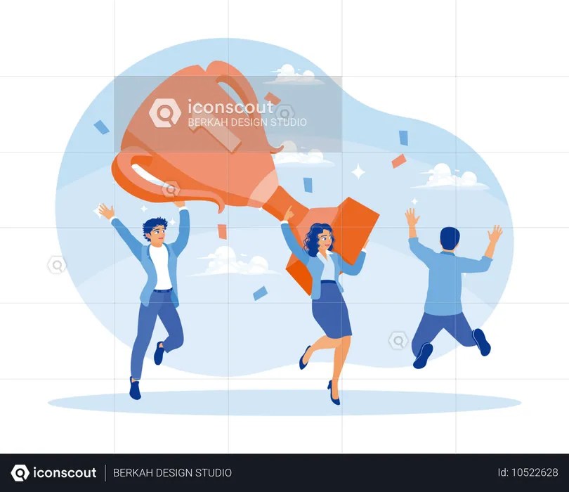 Business people dance under confetti while carrying big trophy cup  Illustration