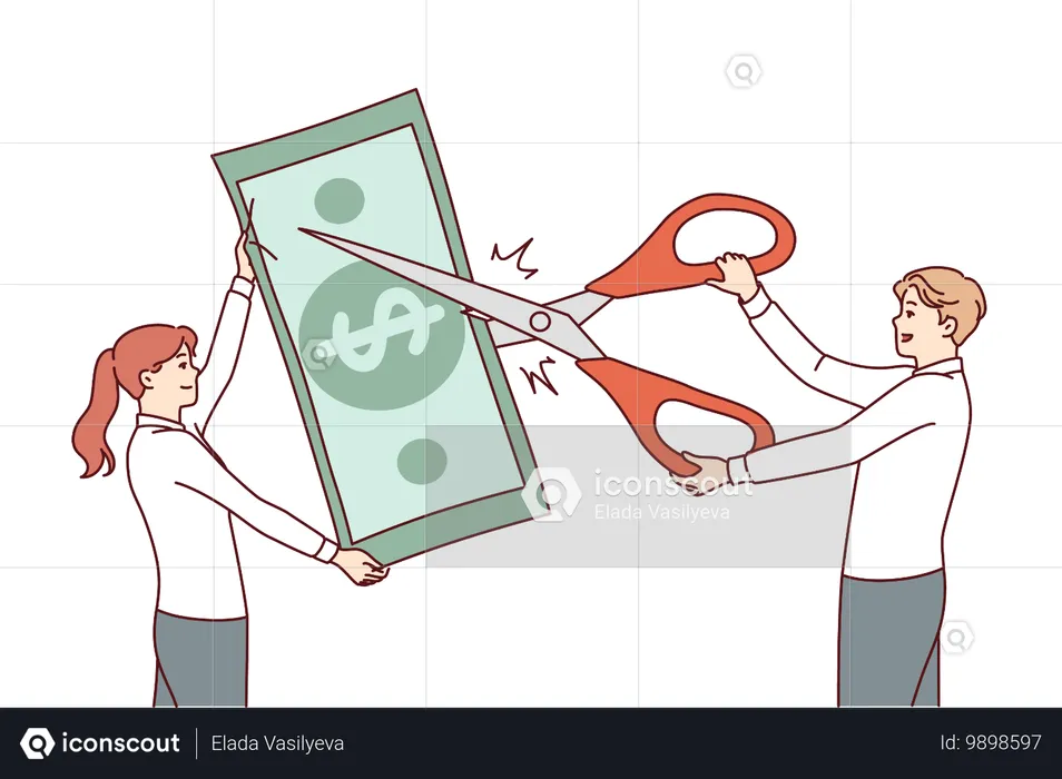 Business people engaged in reducing costs and budget financing by cutting money with scissors  Illustration