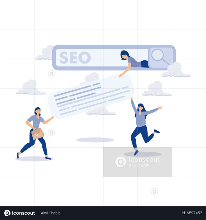 Business people help optimise website URL to 1st Seo rank search bar  Illustration