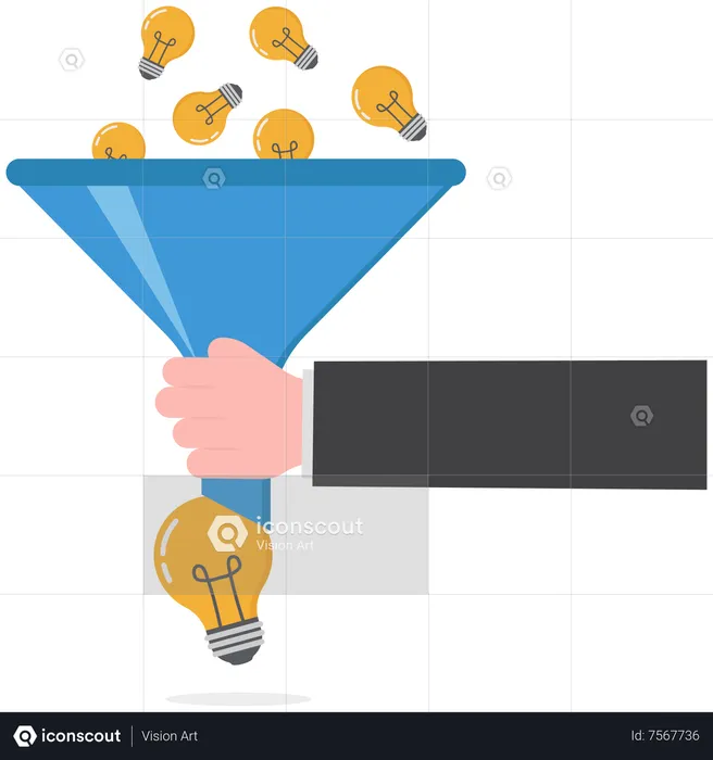 Business people help put small lightbulb in funnel to get final idea  Illustration