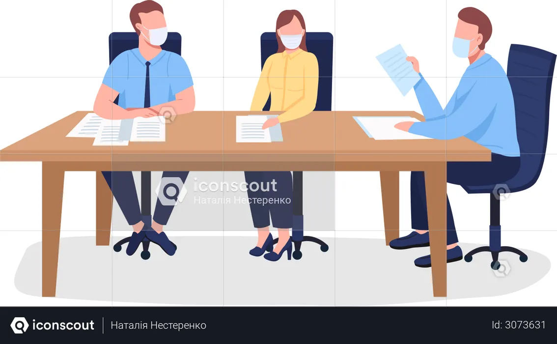 Business people in face mask sitting at table  Illustration