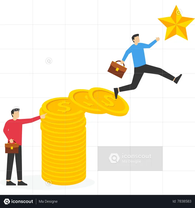 Business people jumping up on many coin to the bigger target and reach goal  Illustration