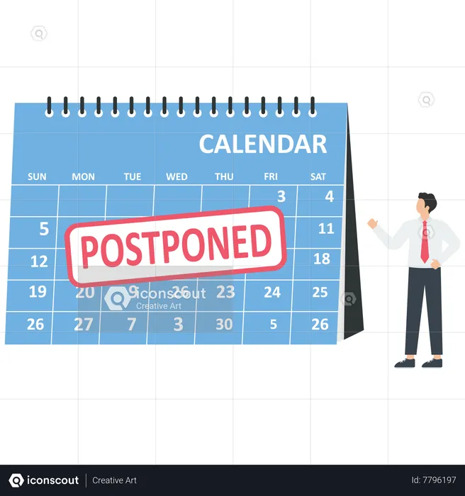 Business people look a postponed rubber stamp on a calendar  Illustration