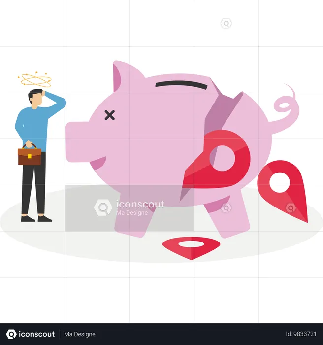 Business people look at collapsing piggy bank with branch pins  Illustration