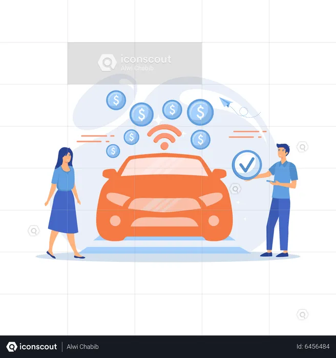 Business people paying in vehicle equiped with in-car payment system  Illustration