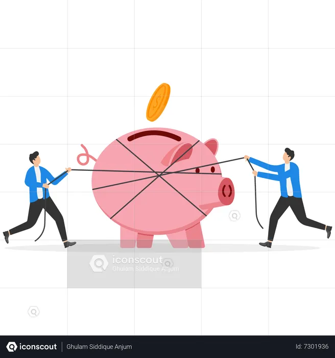 Business people pulling pink piggy bank with rope  Illustration