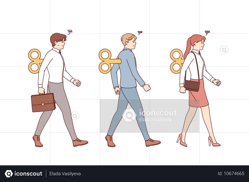 Business people puppets march in formation and thanks to mechanism for filling them with energy  Illustration