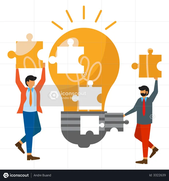 Business people put together puzzles to get ideas  Illustration