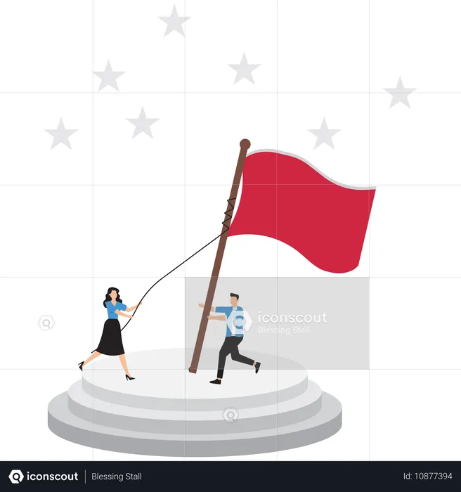 Business people raising business flag  Illustration