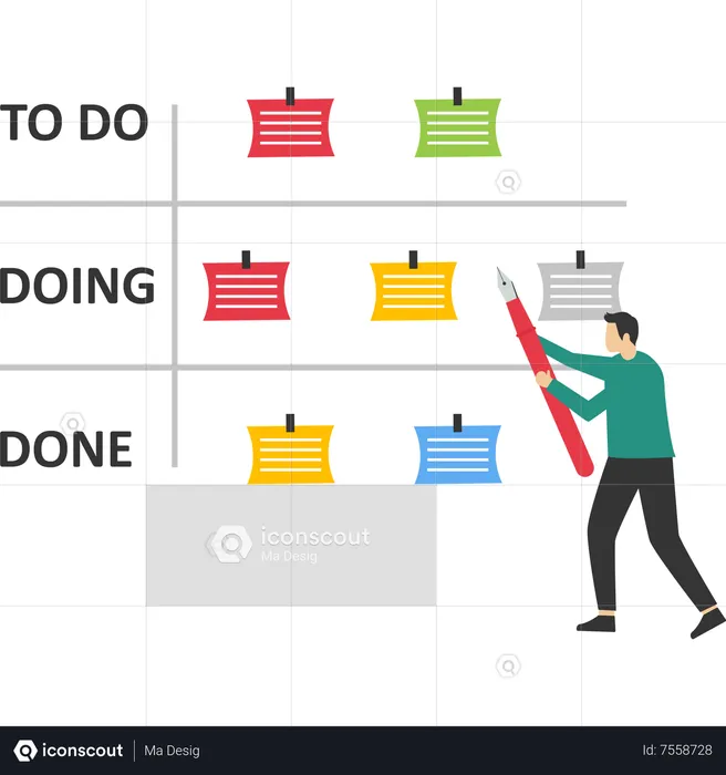 Business people review project progress on kanban board  Illustration