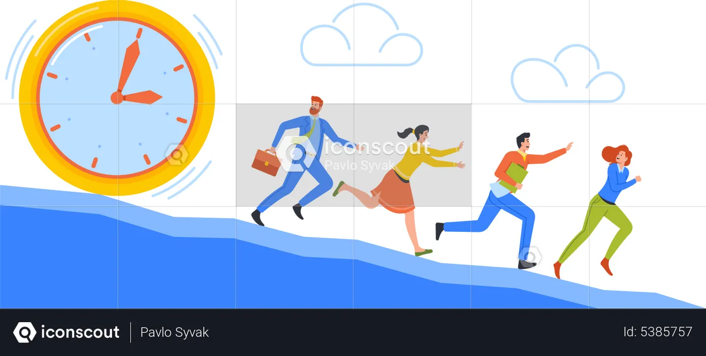 Business People Run Away from Clock Down the Mountain  Illustration