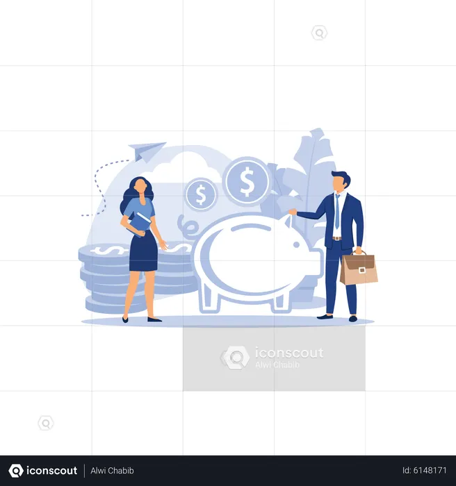 Business people saving money in piggy bank  Illustration