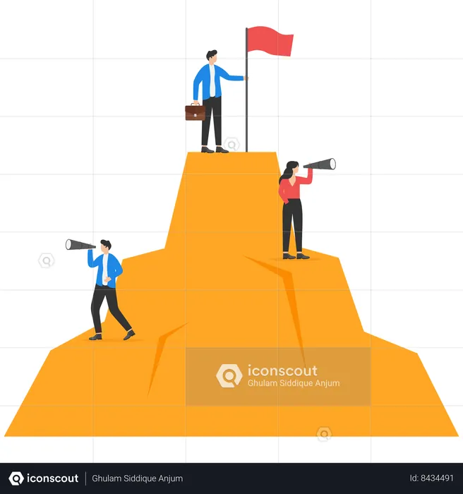 Business people standing on mountain peaks with the winning flag  Illustration