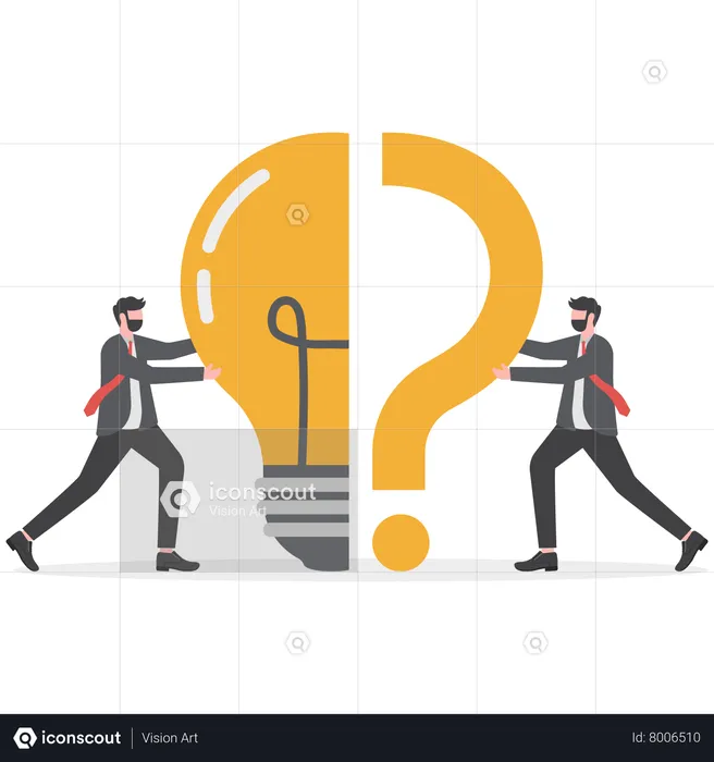 Business people standing with question marks then help hand put the lamp halfway to solve the bright problem  Illustration