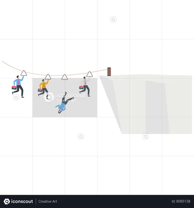Business people use ropes to slide to another mountain and risk falling off the cliff while sliding  Illustration