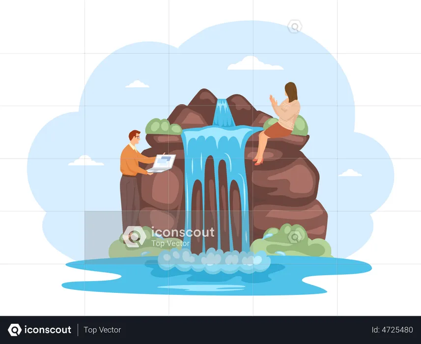 Business people working near waterfall  Illustration