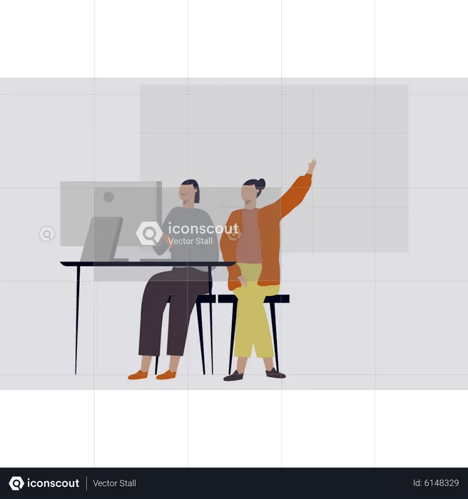 Business people working on monitor together  Illustration