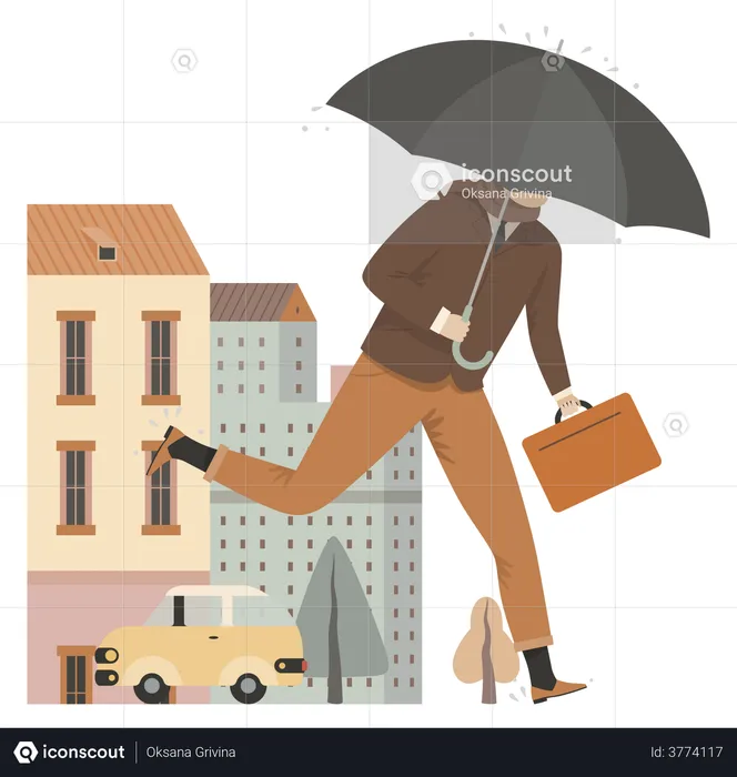 Business person running holding umbrella and briefcase  Illustration