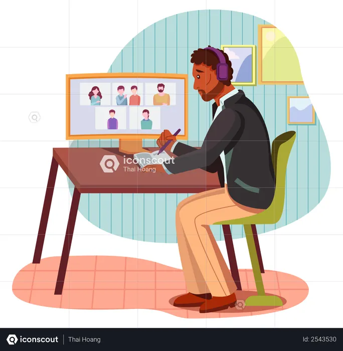 Business person taking notes in video meeting  Illustration
