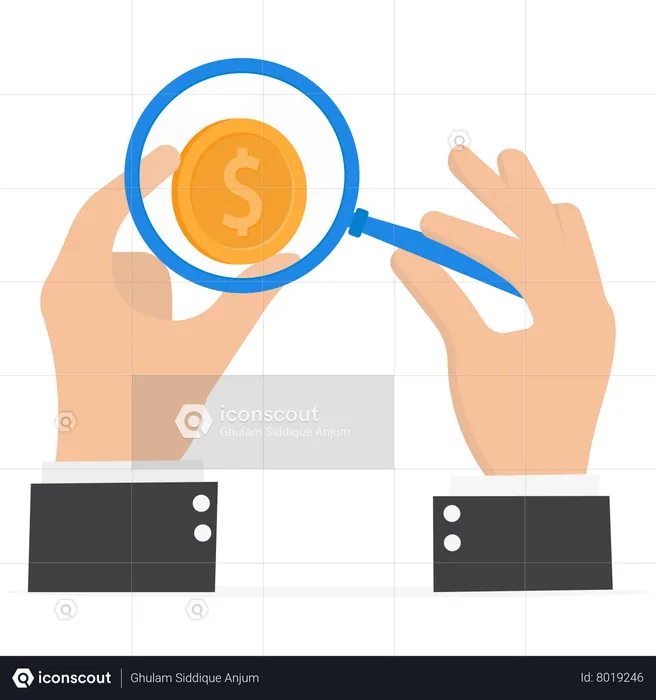 Business person uses a magnifying glass to view the dollar coin  Illustration