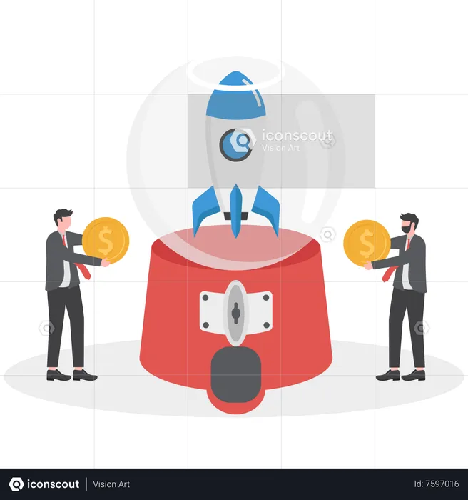 Business persons holding dollar money coins to contribute in gumball machine to launch rocket  Illustration