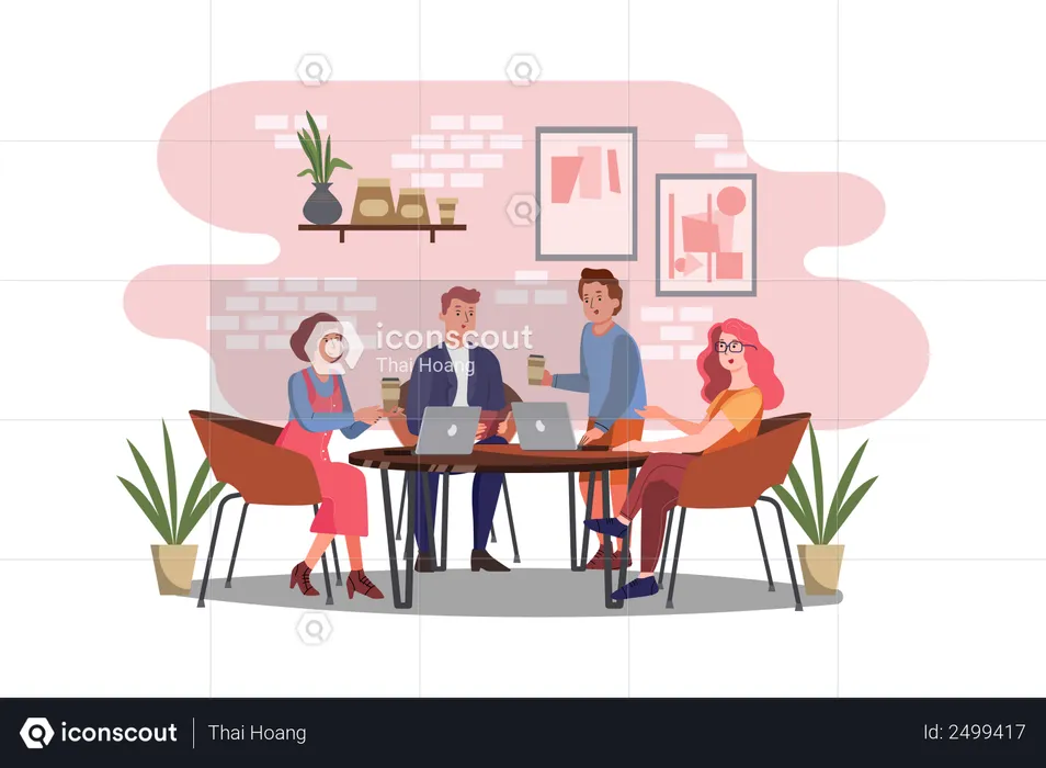 Business persons working while sitting in cafe  Illustration