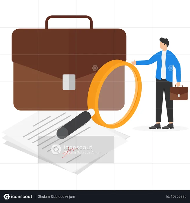 Business portfolio with documents and magnifier  Illustration