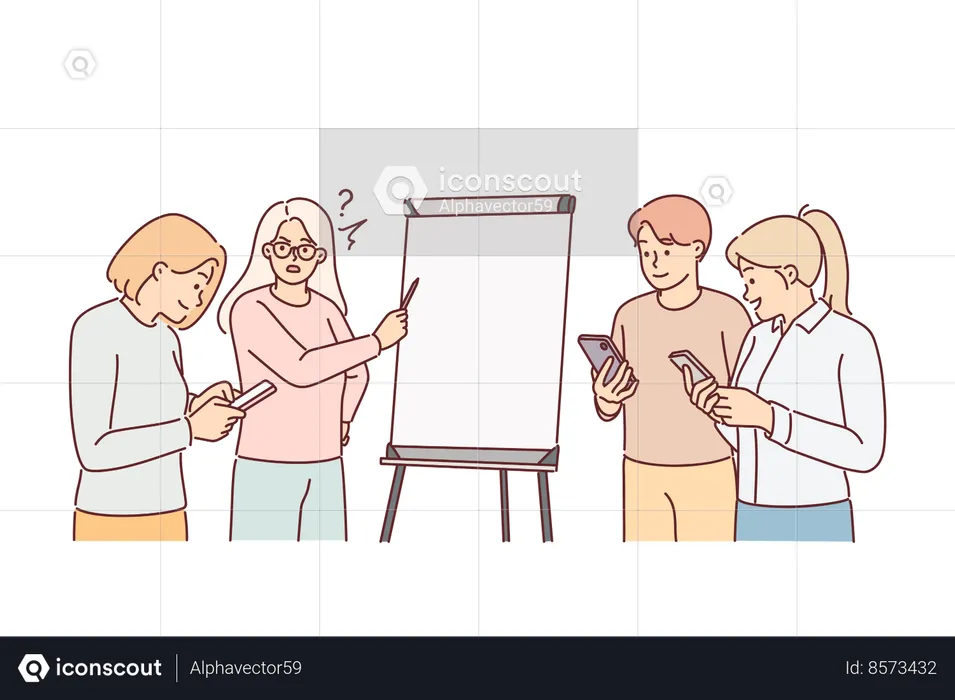 Business presentation with colleagues playing on phones and manager standing near flipchart  Illustration