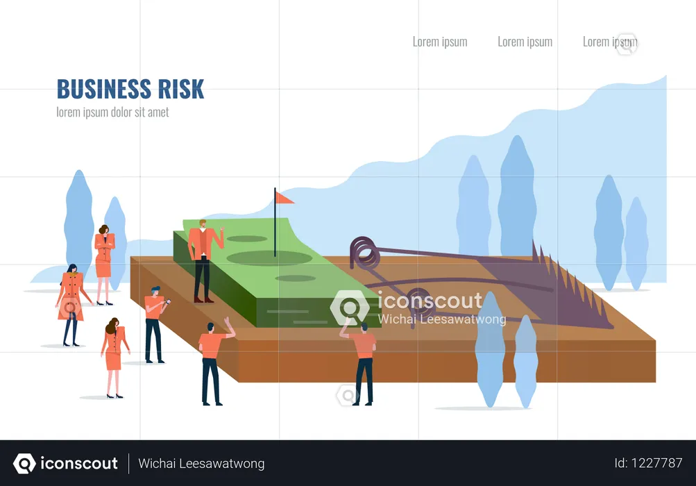 Business risk concept, People stand around money on a mouse trap.  Illustration
