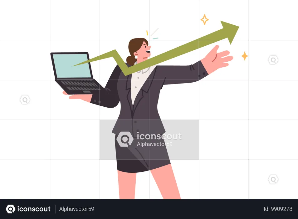 Business success for woman financial analyst seeing growing graph in laptop screen  Illustration