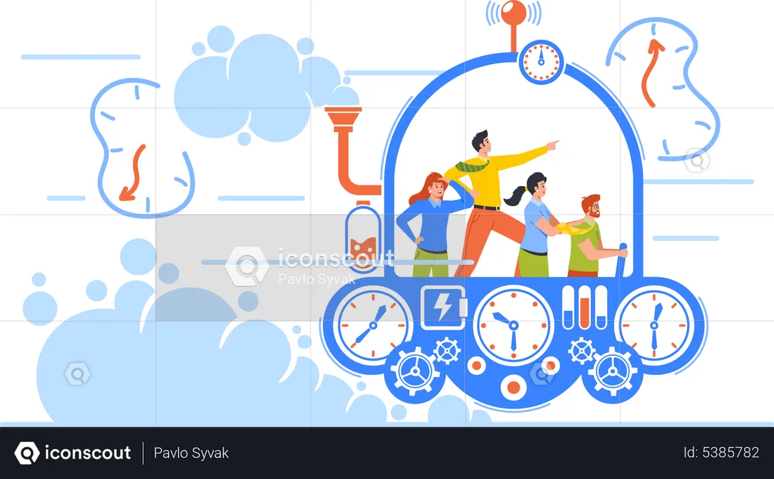 Business Team Flying In Time Machine With Leader Pointing Ahead  Illustration