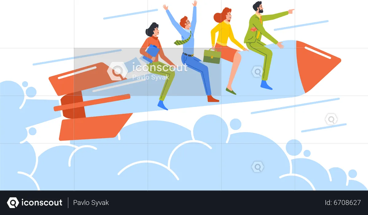 Business Team Flying On Rocket  Illustration
