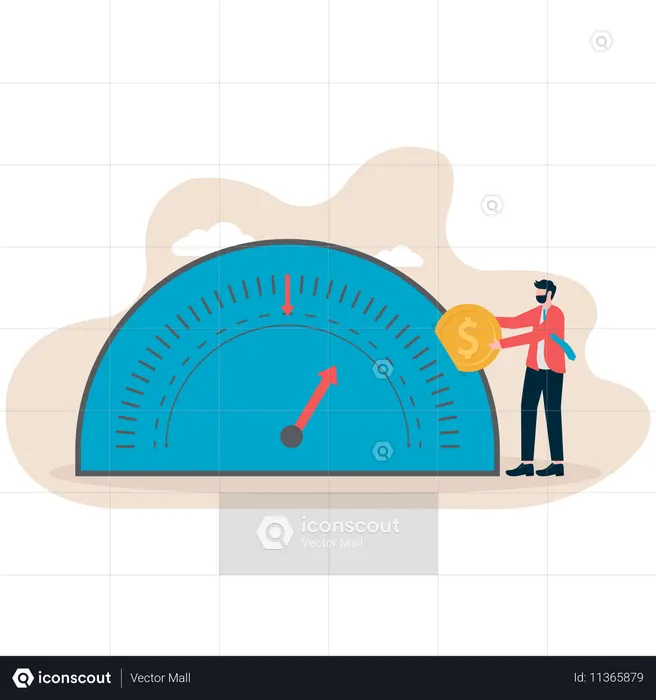 Das Geschäftsteam setzt Symbole auf die Metapher des Bewertungsmessers, um eine Bewertung abzugeben  Illustration