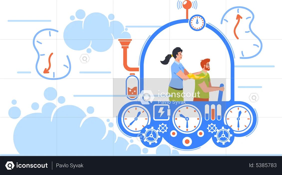 Business Team Going To Future Or Past In Time Machine  Illustration