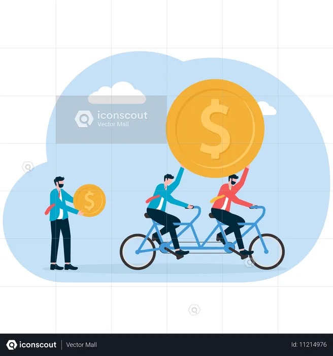 Business team group holds huge gold coin while businessman individual holds a small gold coin  Illustration