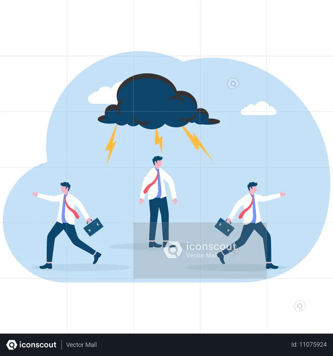 Business team running away from angry colleague with thunder cloud above his head  Illustration