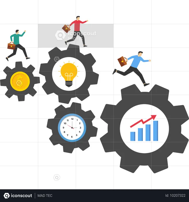 Business team running on rotating cogwheel  Illustration