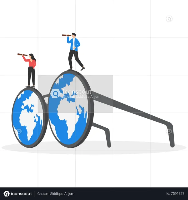 Business team standing on eyeglasses and searching world map for success  Illustration