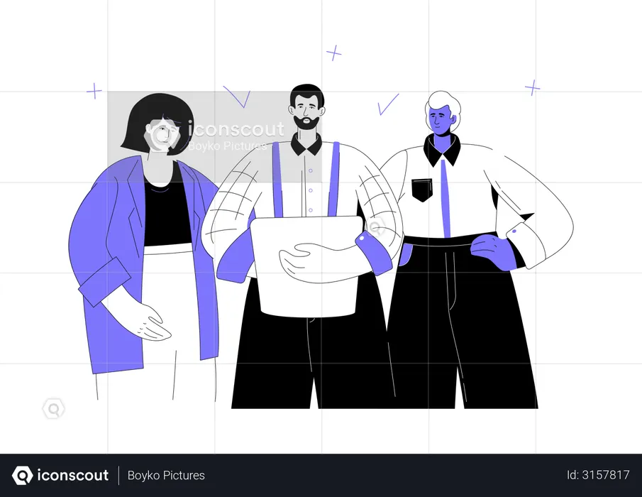 Business team standing together, check marks and pluses  Illustration