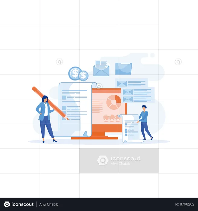 Business team works on business analysis  Illustration