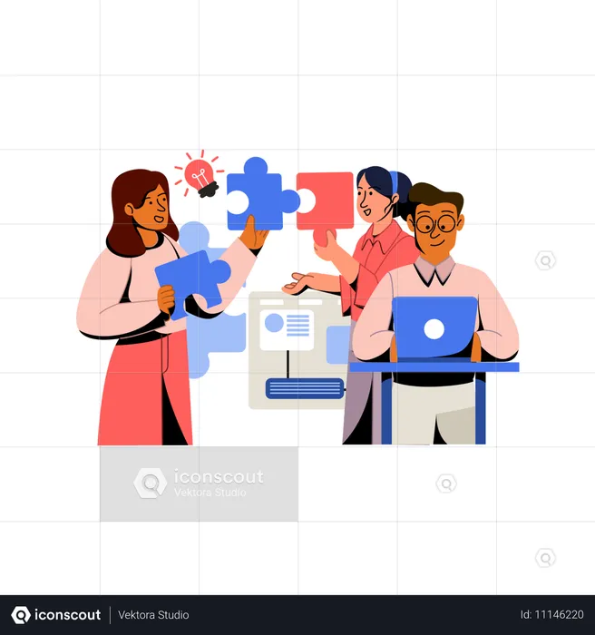 Business team works on business puzzle  Illustration