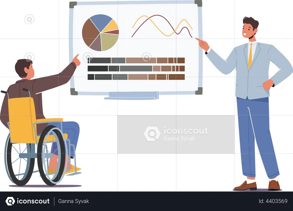 Business-Trainer gibt behindertem Mann Finanzberatung und präsentiert Statistiken zur Datenanalyse  Illustration