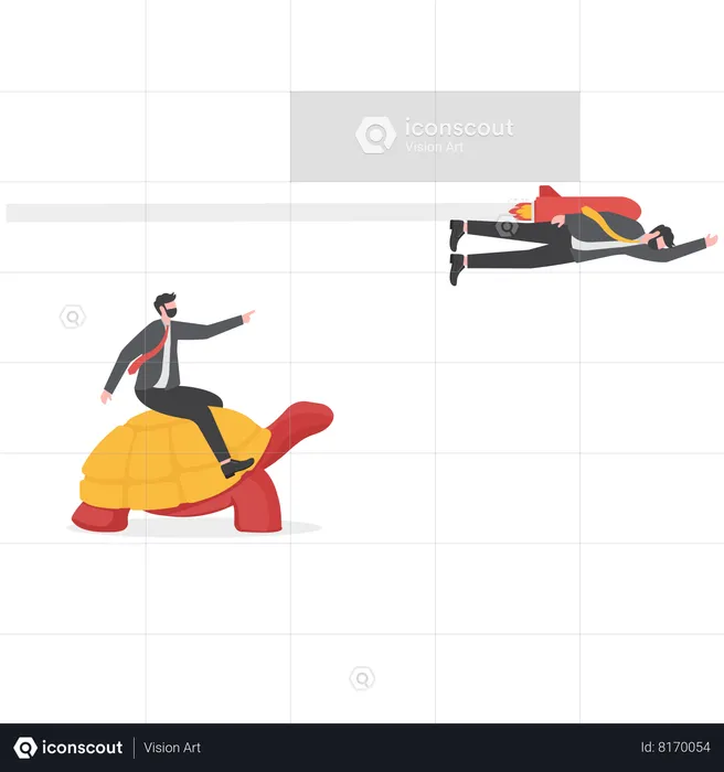 Business winner riding rocket and another on slow snail  Illustration