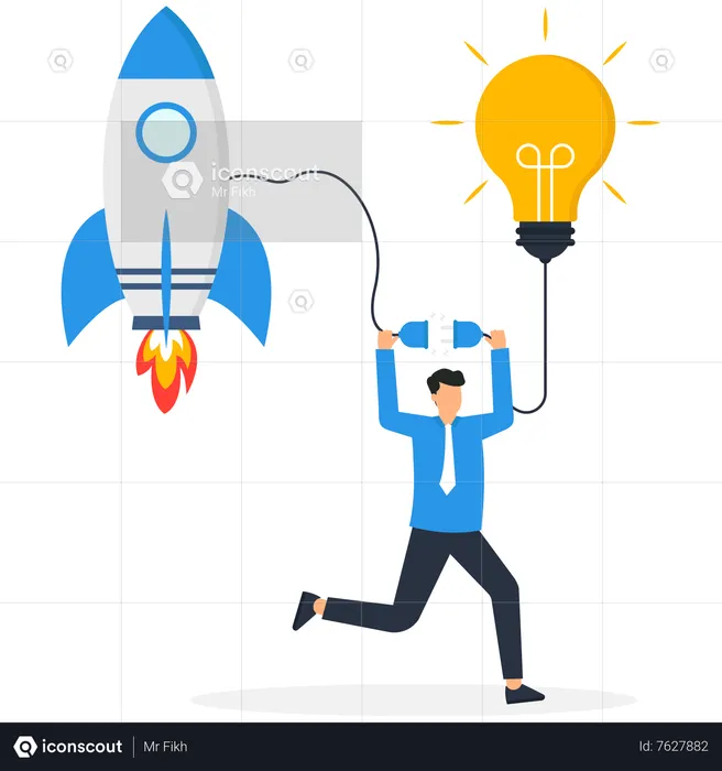 Business with creativity a businessman connects a light bulb to a rocket  Illustration