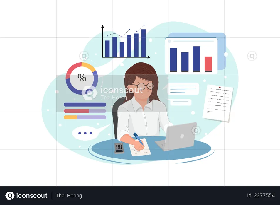 Business woman analyze data and makes accounting report  Illustration