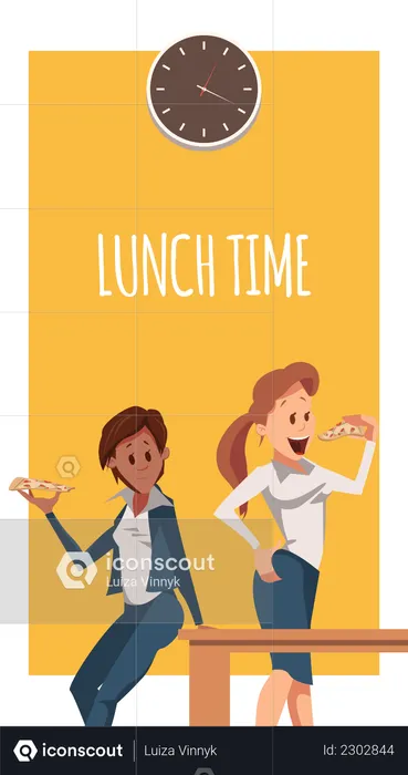 Business woman and female employee eating pizza  Illustration