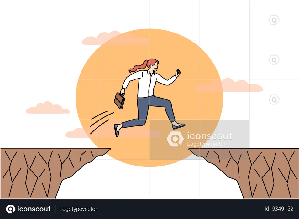 Business woman boldly performs challenge of jumping over abyss to achieve professional goal  Illustration
